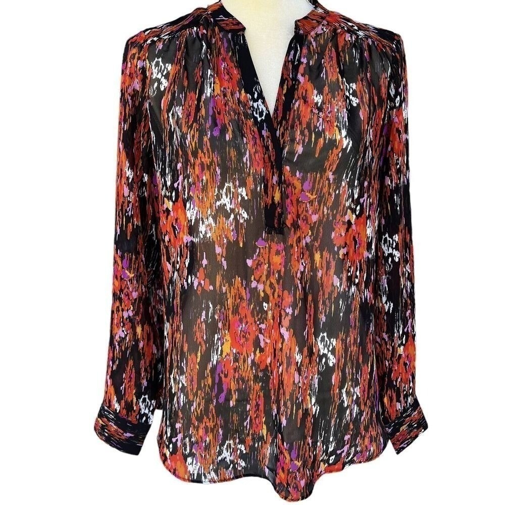 Peyton Jensen Women's Multicolor Semi-Sheer Blouse Sz XS Long Sleeve Henley Top.